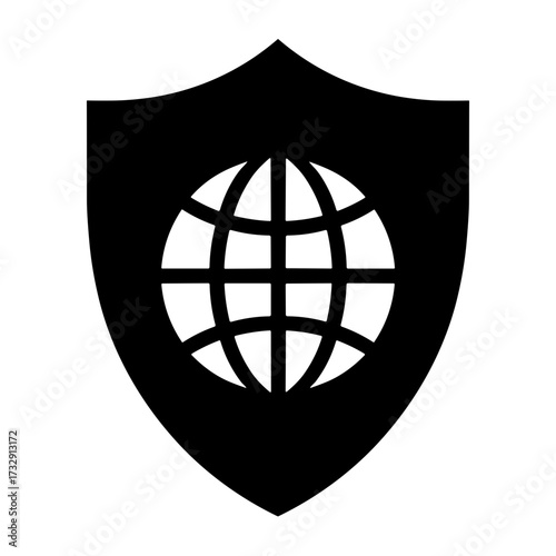 Flat black glyph icon of shield with globe - Used in web protection UI cybersecurity and global privacy tools
