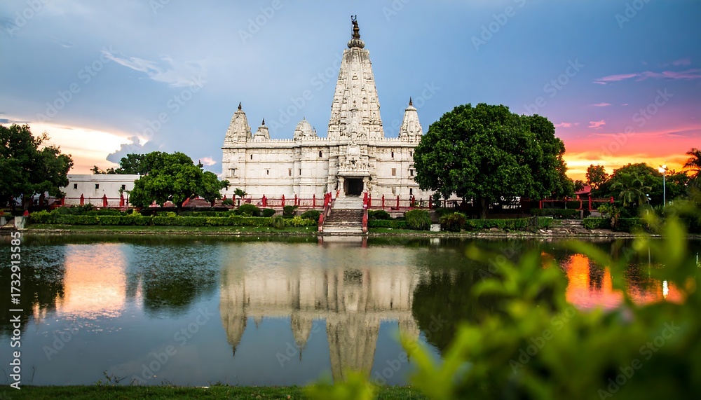Obraz premium Serene temple reflected in a calm pond at sunset