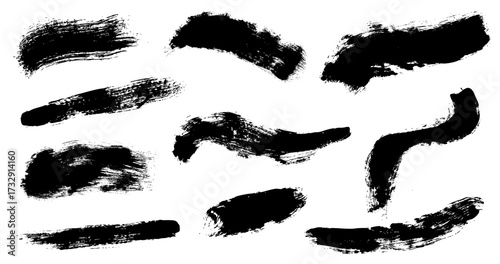 Hand drawn black vector brushes pack isolated on white. Detailed paint splashes. Grungy stripes pattern. Vector illustrator