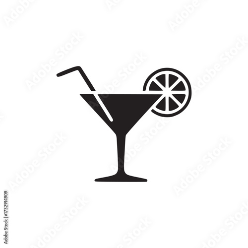Illustration of a black cocktail glass with a straw and lemon slice, representing celebration, relaxation, and tropical refreshment in a simple and elegant style