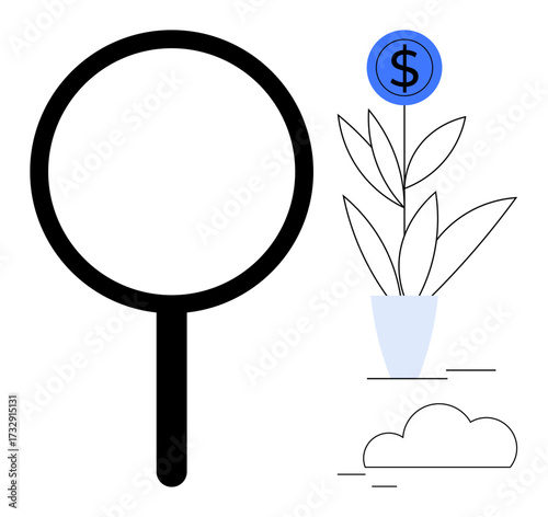 Magnifying glass focusing on a potted plant with a dollar coin bloom and cloud nearby. Ideal for finance, investment, growth, analysis, strategy, business planning, sustainability. A simple flat