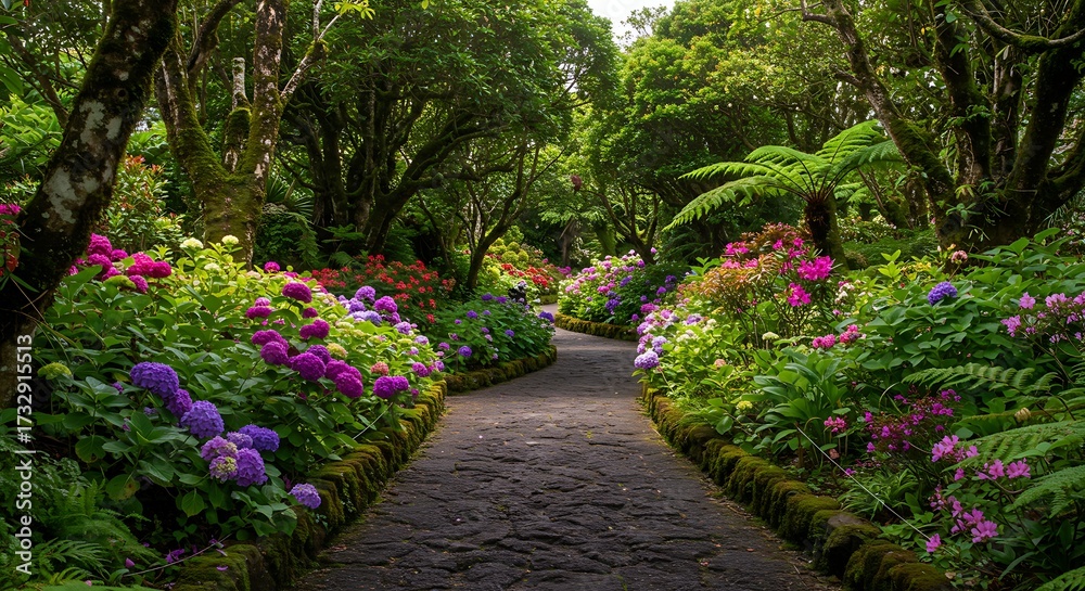 Fototapeta premium Stone path curves through colorful garden landscape with vibrant blooms and foliage