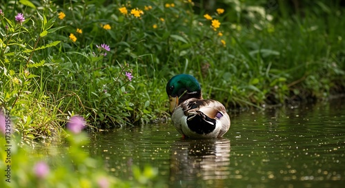 Mallard ducks swim in a pond surrounded by green foliage and flowers