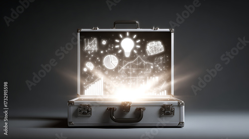 Unveiling innovation open briefcase with glowing ideas and creativity inside