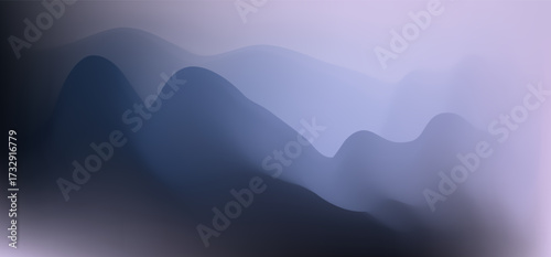Abstract dark mesh gradient background of blurred deep navy indigo blue and light violet shades. Moody and atmospheric mountains silhouette, suitable for fluid graphic design, liquid 3d poster