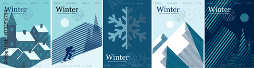Winter and nature. Vector abstract modern minimalist geometric illustration of a village, alpine mountains, skiing, snowflake, and northern lights for a poster, greeting card, background, or design.