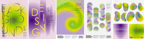 Abstract gradient background and fluid shapes. Vector illustrations featuring trendy pastel blends, modern geometric elements, art, circles, and objects in purple, green, and yellow for poster