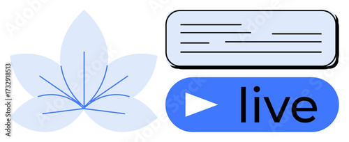 Blue flower with delicate lines, live streaming button, and chat box interface. Ideal for media, communication, technology, broadcasting, online events user interface networking. Simple flat