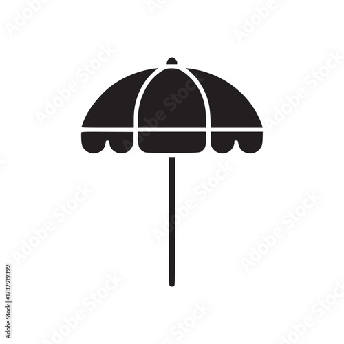 Vector art of a minimalist black umbrella icon, representing protection, shelter, and leisure, perfect for logos, branding, and designs seeking a touch of summery relaxation and carefree vibes