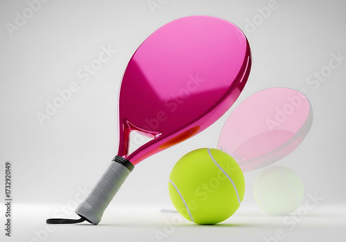 Pink padel racket with a yellow ball and blurred pink and green balls, isolated on white background