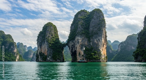 Boat sails through Ha Long Bay in Vietnam near towering karst formations. A scenic seascape conveying tranquility and adventure. Holiday destination, travel photography, Southeast Asia.