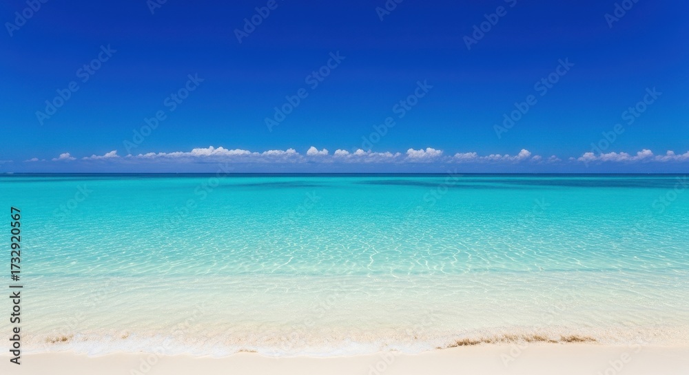 Obraz premium Tropical beach with turquoise water under blue sky. A serene landscape of paradise. Peaceful scenery, summer vibe, idyllic destination.