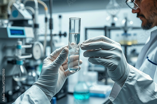Test tube in a scientist's hands. Laboratory testing of water sample for PFAS. Scientific laboratory