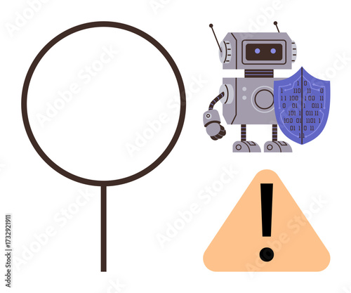 Robot holding binary shield, magnifying glass symbolizing inspection, and warning sign indicating alert. Ideal for cybersecurity, data protection, artificial intelligence, caution, technology