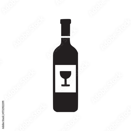 Vector art of a sleek black and white vector illustration of a wine bottle with a wine glass icon on the label, , perfect for minimalist designs and beveragerelated themes, conveying elegance