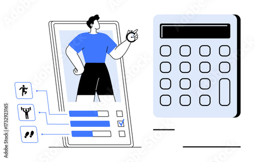 Man analyzing fitness progress with activity options, stats on mobile app, next to calculator for planning. Ideal for health tracking, app design, goal setting, budgeting, productivity, organization