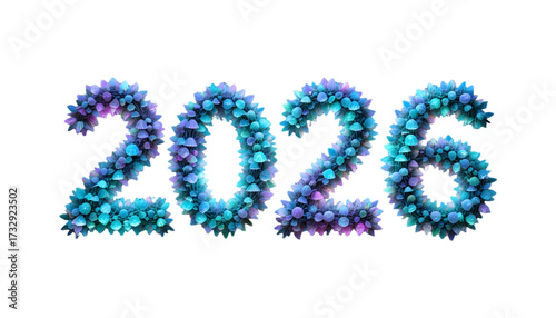 2026 New Year PNG Transparent Background Blue Teal Purple Spiky Number Design