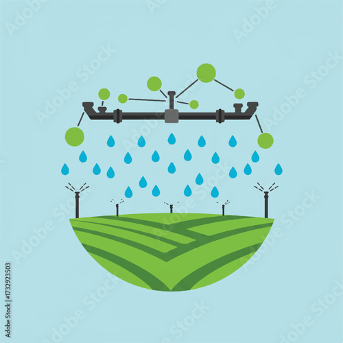 Automated irrigation system watering a green field with sprinklers