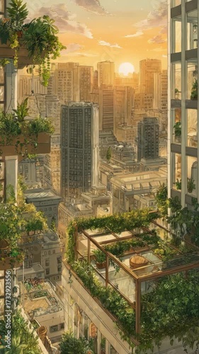 Sunset urban oasis: lush balconies and cityscape serenity