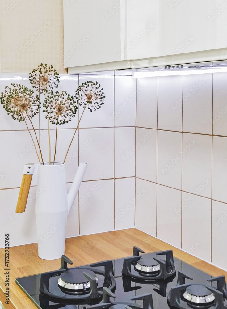 custom made wallpaper toronto digitalMinimalist kitchen corner with white ceramic vase, minimalist lines of clean tiles, minimalist mood around dried allium stems. Gas stove glints, wood counter warms palette, daylight paints shadow