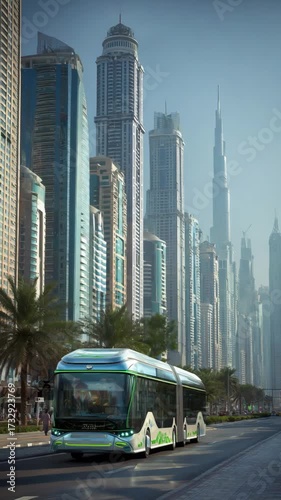 Futuristic cityscape with modern bus amidst skyscrapers and palm trees