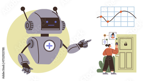 Advanced robot pointing at biometric authentication process via smart lock, graph analysis, and user interaction. Ideal for technology, innovation, AI, automation, security, smart devices futuristic