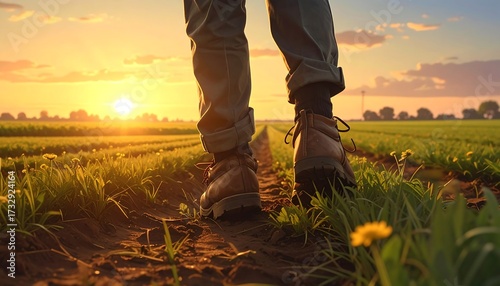 Person walking on a dirt path through a field at sunrise