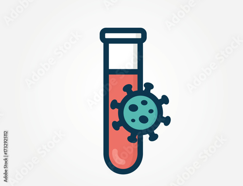 Test tube containing a red liquid, with a virus or microbe attached to its side. This illustration represents virology, blood tests, and medical lab analysis for infectious diseases, such as COVID-19.