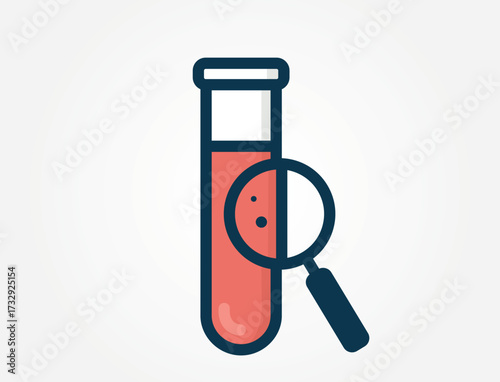 An icon of a test tube with a magnifying glass held up to it. This image represents detailed laboratory analysis, scientific examination, or medical diagnostics and testing.
