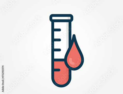 An icon of a test tube with blood drop. Illustration of blood tests, laboratory analysis, blood donation, or medical diagnostics.