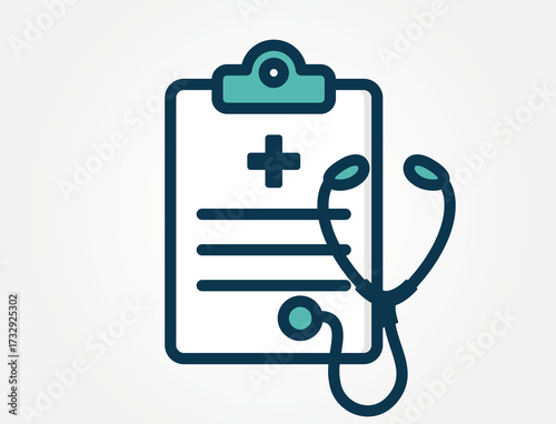 An icon of a clipboard holding a document and stethoscope. This image represents physical examination, medical record-keeping, or the overall diagnosis and documentation process in healthcare.