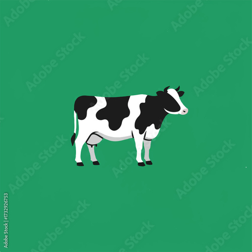A black and white cow stands on a green background