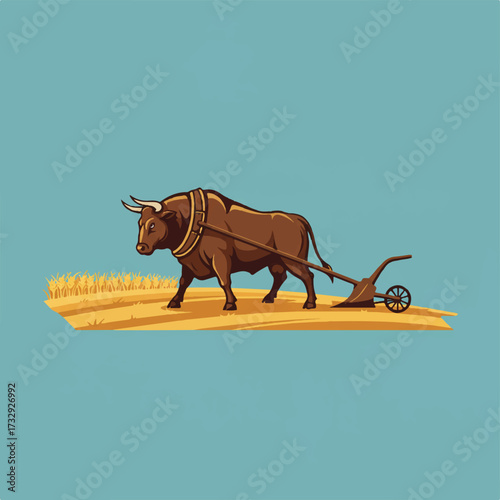 A brown bull plows a field with a traditional plow