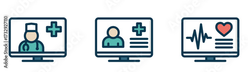 This is an illustration featuring three icons all relating to telemedicine, online medical consultation, or digital healthcare. Healthcare isolated vector images