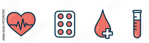 A set of medical and healthcare icons: a heart with an ECG line, pills, a blood drop with a cross, and a test tube. Cardiology, pharmaceuticals, blood donation, and lab analysis symbols