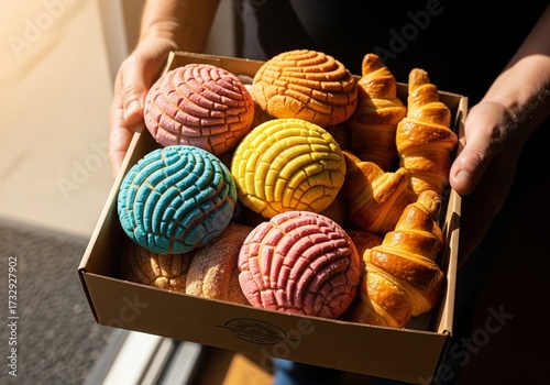 Hands Receiving Cardboard Box Filled with Colorful Pan Dulce at Front Door