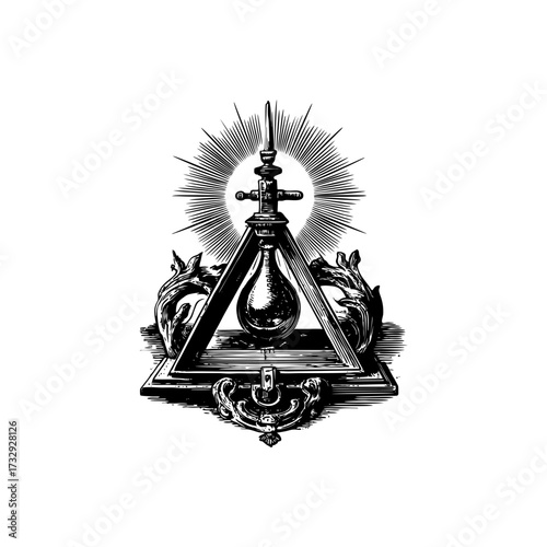 Engraving style illustration of alchemy apparatus in black and white on transparent background – Scientific vector for educational materials, historical research graphics, and academic publishing