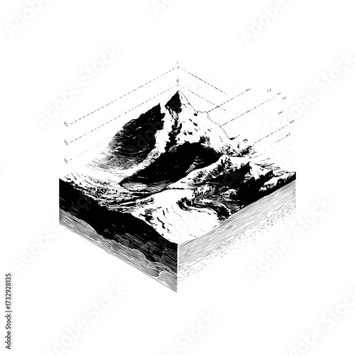 Engraving style illustration of avalanche slope in black and white on transparent background – Geographical vector for environmental studies, climate change education, and natural disaster awareness 