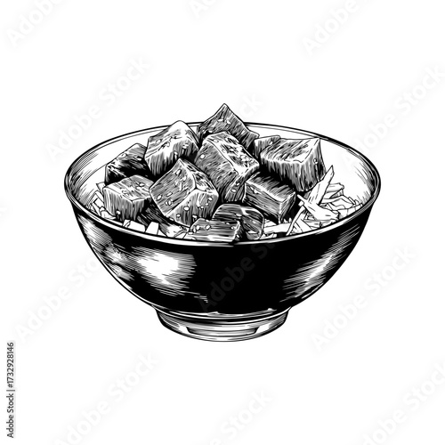 Engraving style illustration of poke bowl with tuna in black and white on transparent background – Culinary vector for restaurant menus, nutrition infographics, and food branding design