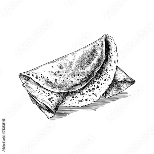 Engraving style illustration of dosa folded flatbread in black and white on transparent background – Food vector for restaurant menus, culinary education, and cultural cookbooks