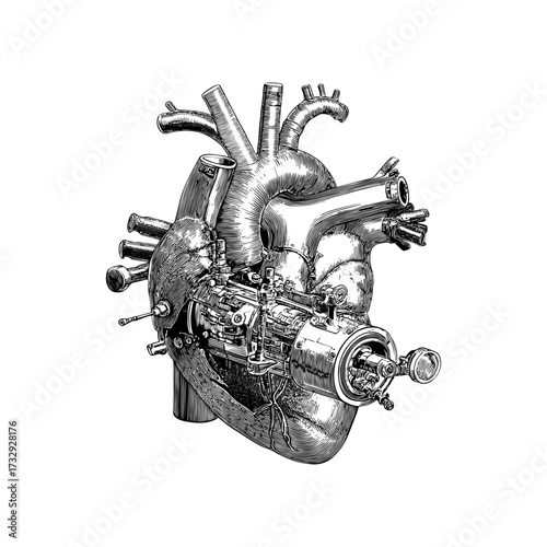 Engraving style illustration of artificial heart in black and white on transparent background – Medical vector for healthcare education, anatomy diagrams, and biotechnology design