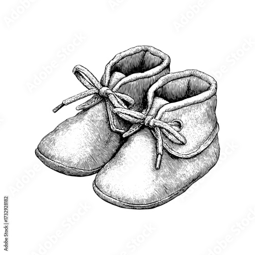 Engraving style illustration of baby booties in black and white on transparent background – Vintage vector for newborn greeting cards, parenting blogs, and baby product packaging