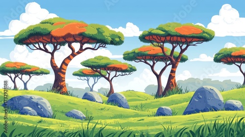 Vibrant cartoon landscape with trees grass rocks and blue sky background