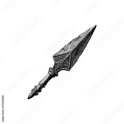 Engraving style illustration of Bronze Age spearhead in black and white on transparent background – Vector for archaeology education, history museum materials, and cultural heritage projects