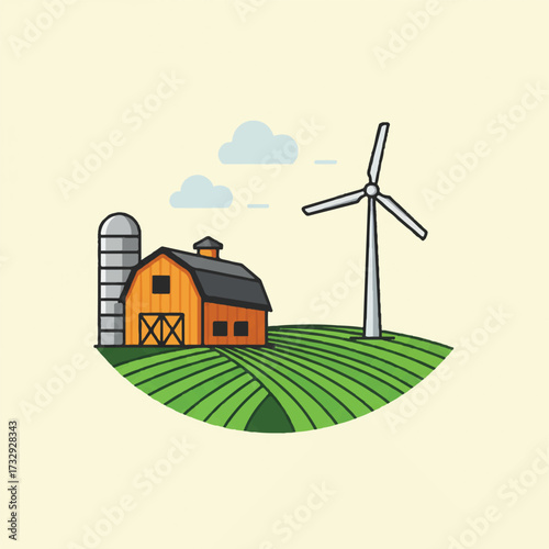 A cartoon farm with a barn silo and wind turbine on a green field