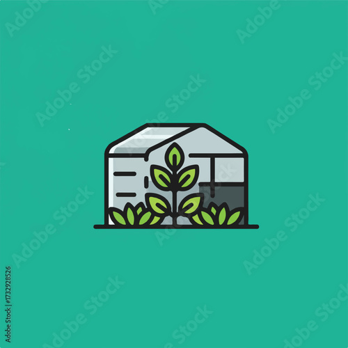 A cartoon greenhouse with plants growing inside and around it