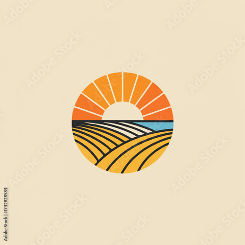 A circle containing a stylized sun ocean and farmland