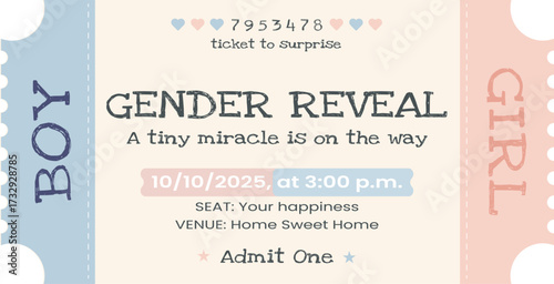 Gender reveal party ticket, boy or girl, ticket to surprise, vector illustration.
