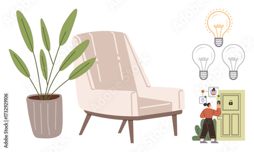 Beige armchair, leafy plant, person arranging photo frames near door, glowing lightbulbs. Ideal for home decor, innovation, creativity, organization interior design inspiration modern lifestyle. A