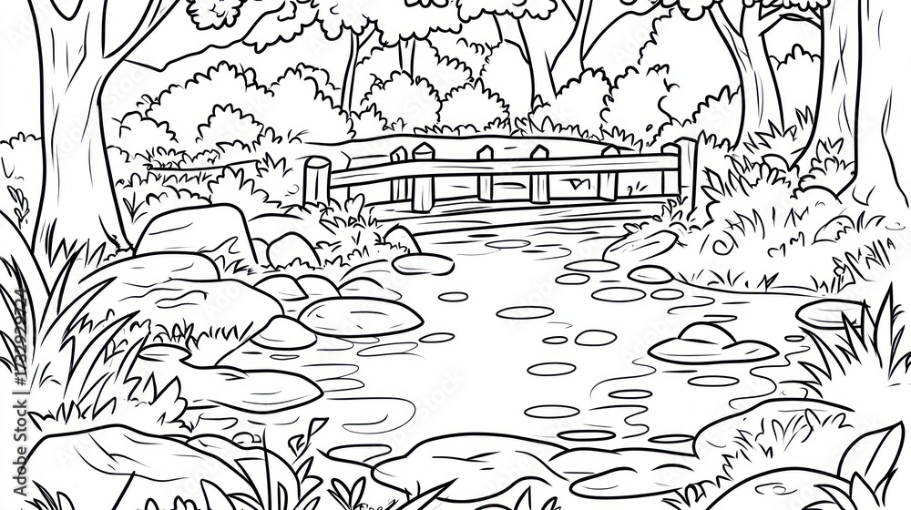Fototapeta premium Black and white cartoon forest scene with bridge and stream
